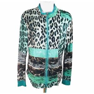 Marc Aurel Full Zip Jacket Women 42 US Large Animal Print Teal Brown Lightweight